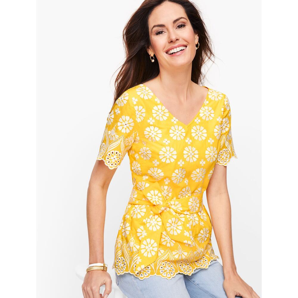 Talbots 100% Cotton Embroidered Border Peplum Top 10 Floral Belted Coastal